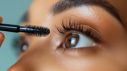 Naklejka premium Detailed close-up of a person applying mascara to their long eyelashes, highlighting the intricacy and precision involved in beauty routines.