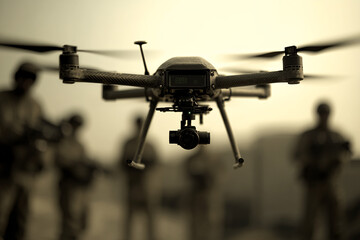 Drone flying in focus with soldiers standing blurred in the background creating a sense of surveillance or military operation  
