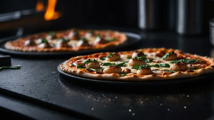 Aesthetic preparation of scallops pizza on a black themed kitchen. bokeh style.
