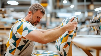 A man intensely concentrates on adjusting a geometric fabric piece on furniture, his focused expression highlighting the precision required in upholstery artistry and craftsmanship.