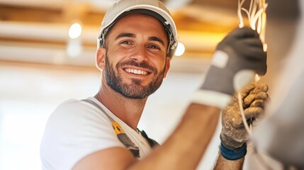 A professional electrician wearing a hard hat and gloves is smiling as he works on electrical wiring indoors. The image suggests expertise and satisfaction.
