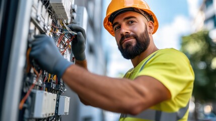 An experienced technician in safety gear is carefully managing a complex outdoor electrical circuit board, reflecting expertise and technical proficiency.