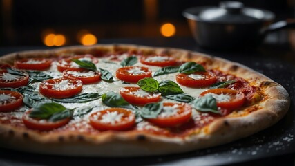 Aesthetic preparation of margherita pizza on a black themed kitchen. bokeh style.