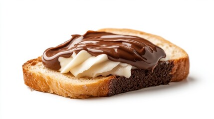 Close-up of a soft bread slice topped with rich chocolate and cream, capturing the indulgence and simplicity of this delicious food combination.