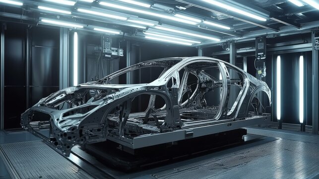 Futuristic car chassis in a high-tech facility, showcasing advanced automotive engineering and innovation under bright lights.