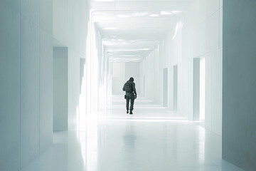 Person walking through a brightly lit, long white corridor with symmetrical walls and ceiling, creating a sterile, almost endless appearance
