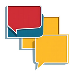 Three empty speech bubbles, vector graphics, simple shapes design, red, blue, and yellow color palette, white background design,