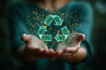 Hands gently hold a glowing digital recycling symbol, symbolizing environmental responsibility and sustainable living technology.