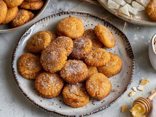 Delicious plate of Greek melomakarona honey cookies, sprinkled with sugar, perfect for festive occasions and gatherings.