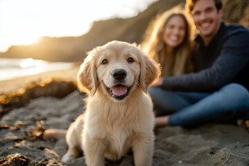 Happy golden retriever puppy on a beach with a couple in the background during sunset, showcasing love and joy in nature.