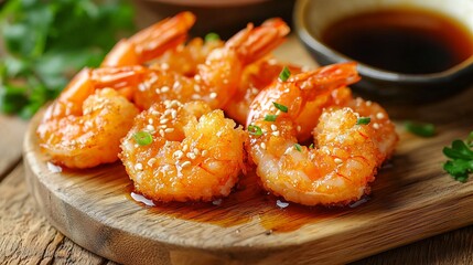 Crispy fried shrimp served on a wooden plate with dipping sauce