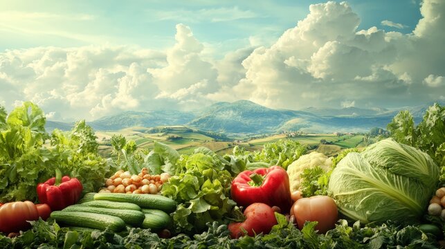 Fresh vegetables with rolling hills and clouds.