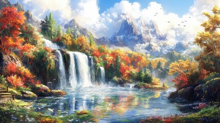 Autumnal landscape with waterfall and mountains.