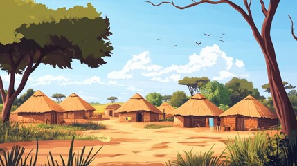 African village with thatched huts under a blue sky.
