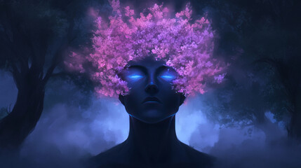 A mystical figure with glowing eyes stands in a dark, misty forest, with a pink blossom crown.