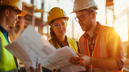 Diverse team of engineers reviewing blueprints on a construction site, hard hats and safety vests visible, mixture of genders and ethnicities, late afternoon sunlight