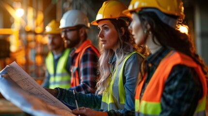 Diverse team of engineers reviewing blueprints on a construction site, hard hats and safety vests visible, mixture of genders and ethnicities, late afternoon sunlight