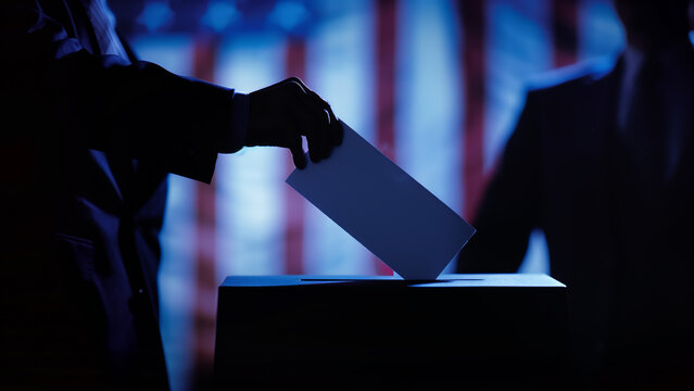 Silhouette of a voter casting a ballot with American flag backdrop in low light