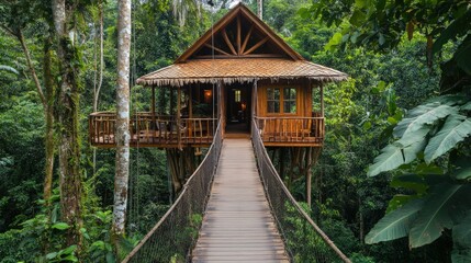 Obraz premium A wooden treehouse with a suspension bridge leading to it, surrounded by lush green foliage.
