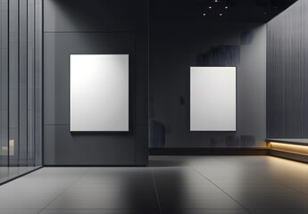 Two blank white partitions with space for advertising posters or marketing campaigns in the industrial gallery hall with black benches on a concrete floor and a grey wall background design