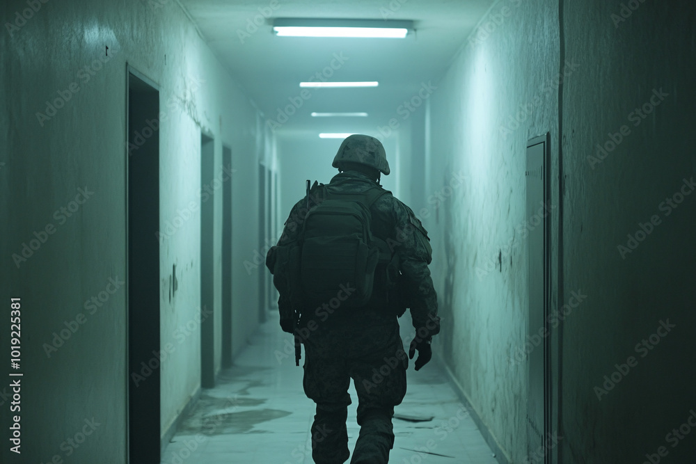 Wall mural A soldier walking down a dark, dimly lit hallway with a worn, rugged environment, appearing isolated and focused
