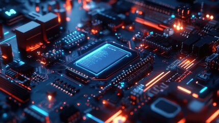 Obraz premium futuristic computer motherboard, high-end computer imagery, glowing data streams, neon blue and silver tones, advanced technology, holographic interfaces, dynamic lighting