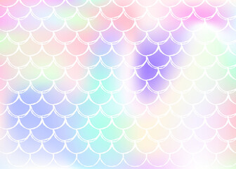 Holographic scale background with gradient mermaid. Bright color transitions. Fish tail banner and invitation. Underwater and sea pattern for girlie party. Stylish backdrop with holographic scale.
