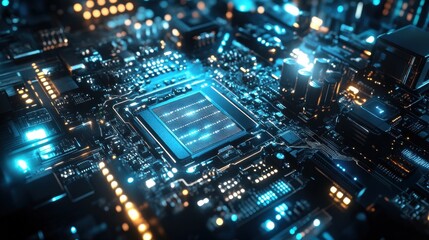 Obraz premium futuristic computer motherboard, high-end computer imagery, glowing data streams, neon blue and silver tones, advanced technology, holographic interfaces, dynamic lighting
