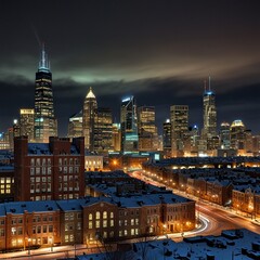 Fototapeta premium Breathtaking skyshot of a bustling city in winter with snow-covered rooftops and busy streets