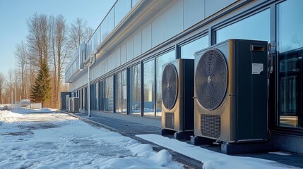 Modern air heat pumps outside a commercial building on a snowy day, showcasing sustainable and efficient energy systems in winter.