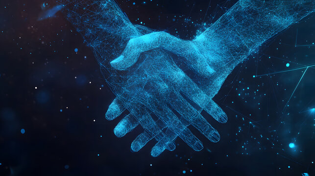Two hands holding each other, against a digital technology background design, in a low-polygon style design, with a blue light effect on a dark black background design