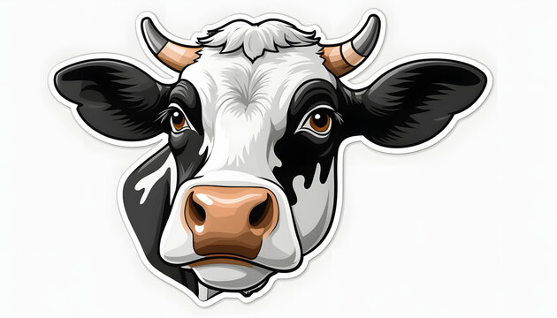 Cartoon cow face with expressive eyes and detailed features on white background