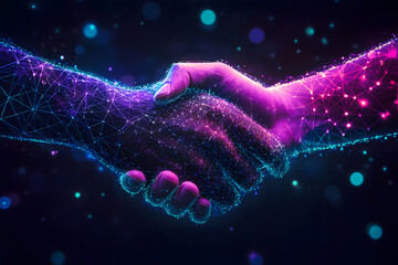 Two hands shaking in the shape of an abstract digital network  design, symbolizing collaboration and business, against a blue background with geometric patterns