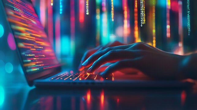 Hands of a Coder on Laptop Keyboard with Software Code Display in Futuristic Low Light Tech Workspace