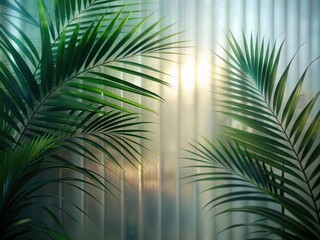 Green palm with reeded glass. Plant leaves. Abstract background with refreshing gradient for spa style design. Ribbed Background. White Reeded Glass. Beautiful tree decor on blurred template.