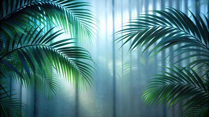 Obraz premium Green palm with reeded glass. White Reeded Glass. Plant leaves. Minimal wood wall with sunny tree decoration. Zen-inspired empty design with realistic blank space. Ribbed Background.