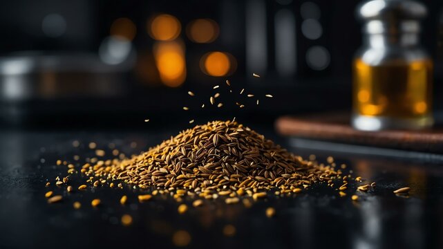 Aesthetic preparation of cumin on a black themed kitchen. bokeh style.