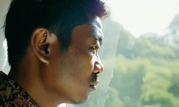 Indonesian Man Contemplating Life by Window