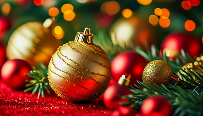 red Christmas background, and golden baubles