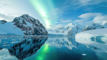 A stunning landscape featuring snowy mountains, a serene lake reflecting the northern lights, surrounded by ice and dramatic scenery.