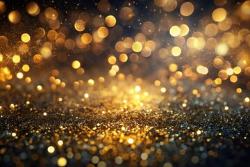 Abstract black and gold bokeh background with gold flecks and swirls