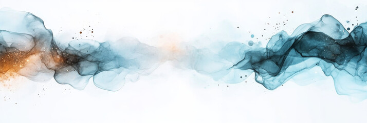 Abstract blue and gold ink art with a white background.