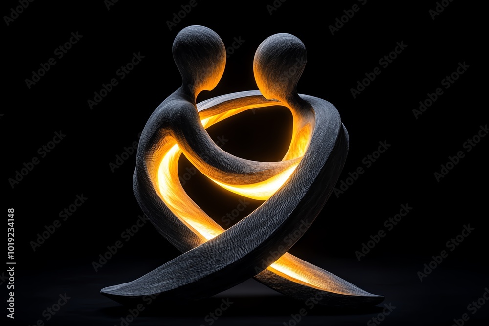 Poster 3d-rendered depiction of two intertwined figures, one glowing with light and the other in deep shado