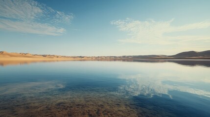 Fototapeta premium Serene landscape with calm lake reflecting the clear sky and distant hills, under a bright, sunny atmosphere. Perfect for peaceful inspiration.