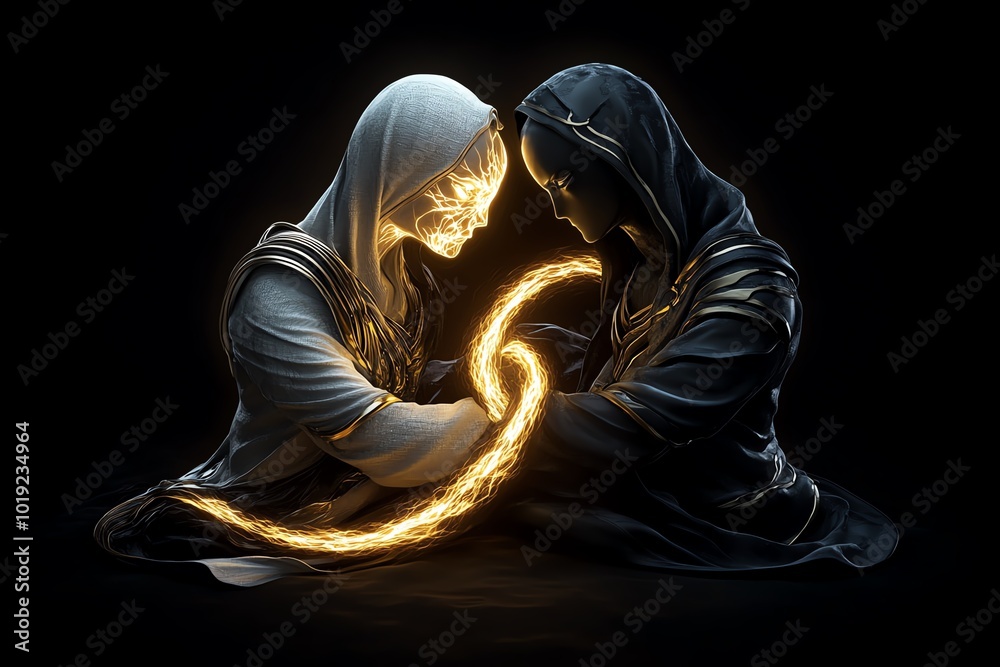 Poster 3D-rendered depiction of two intertwined figures, one glowing with light and the other in deep shadow, representing the balance of opposites in dualism