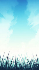 Obraz premium Silhouetted grass against a bright blue sky with fluffy white clouds.