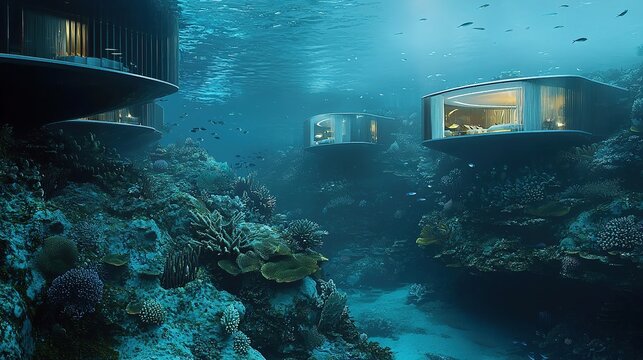 Underwater glass houses nestled among vibrant coral reefs, showcasing innovative architecture and marine beauty.