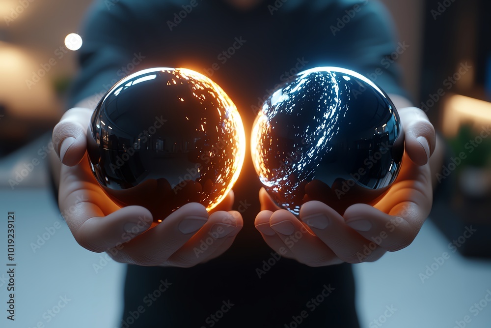Poster 3d-rendered image of a person holding a light and a dark orb in their hands, symbolizing the contras