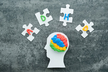 A brain model crafted from colorful materials rests on a white head silhouette, surrounded by...