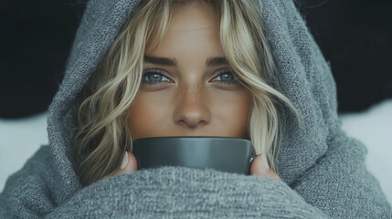 Fototapeta premium Young woman with blonde hair wrapped in a grey blanket sips from a mug.